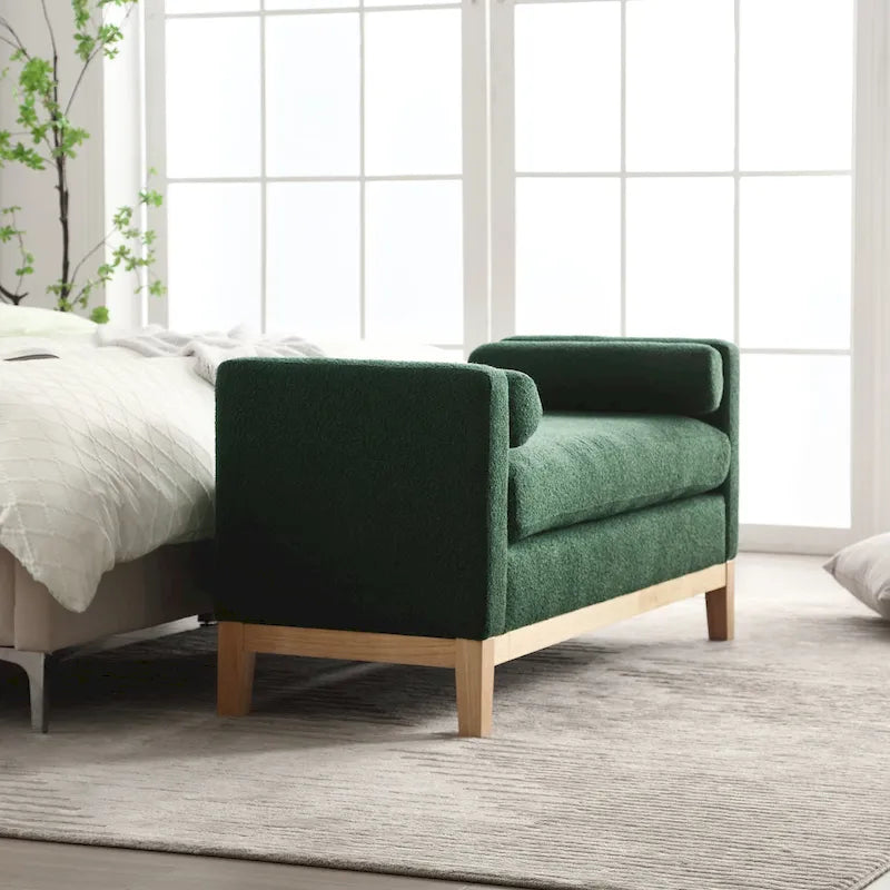 Banc de chambre moderne rembourré en bouclette avec pieds en bois, Banc d'entrée