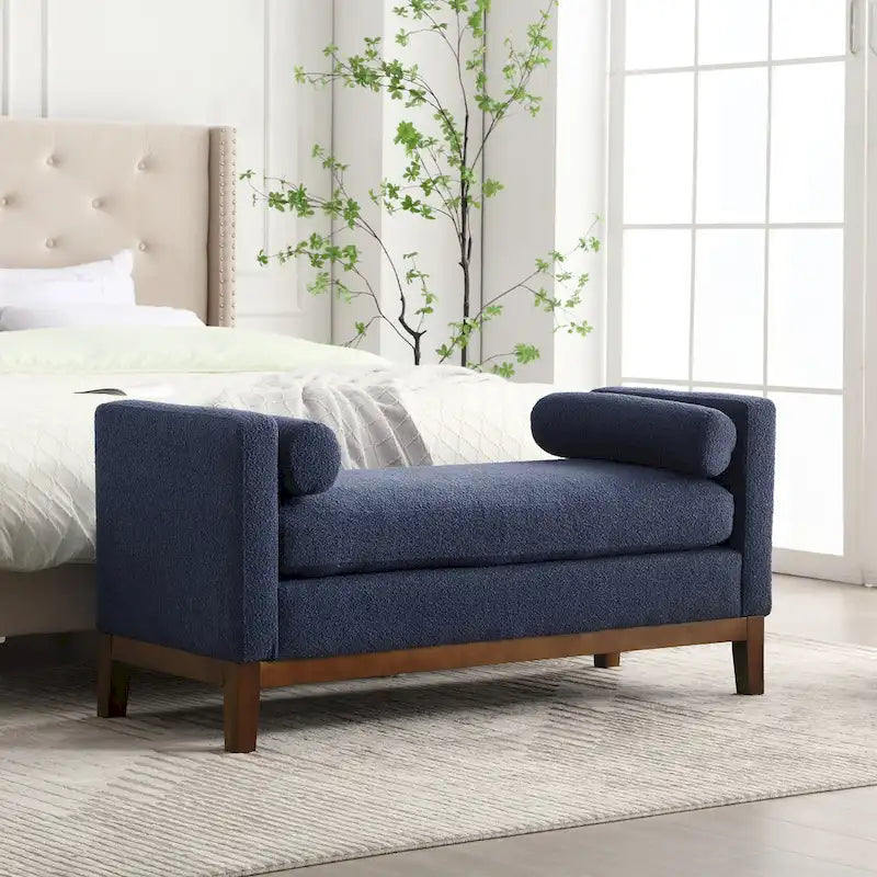 Banc de chambre moderne rembourré en bouclette avec pieds en bois, Banc d'entrée