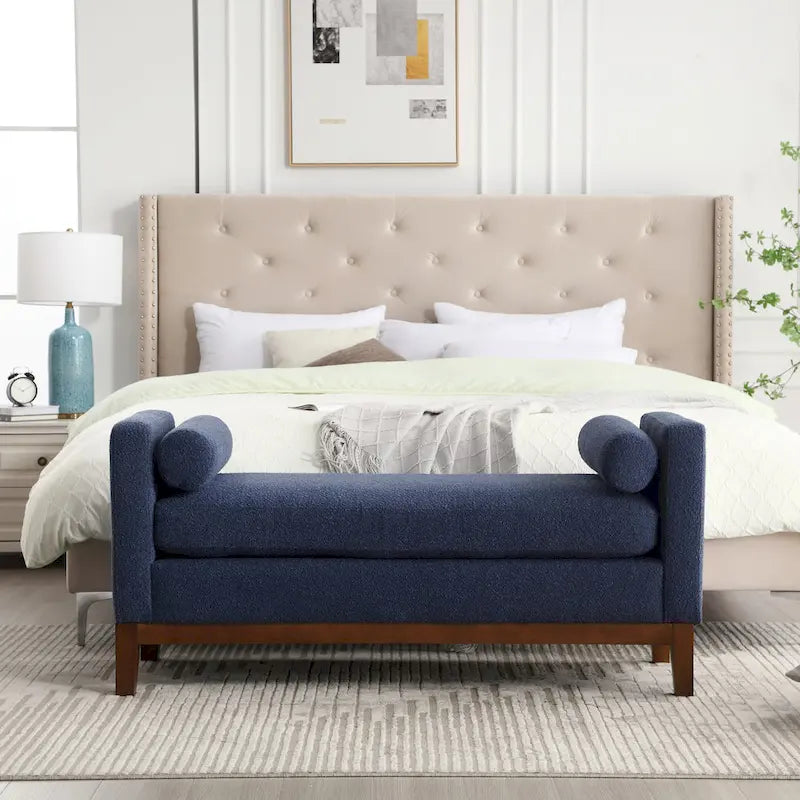 Banc de chambre moderne rembourré en bouclette avec pieds en bois, Banc d'entrée