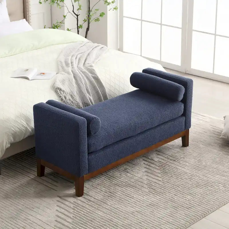 Banc de chambre moderne rembourré en bouclette avec pieds en bois, Banc d'entrée