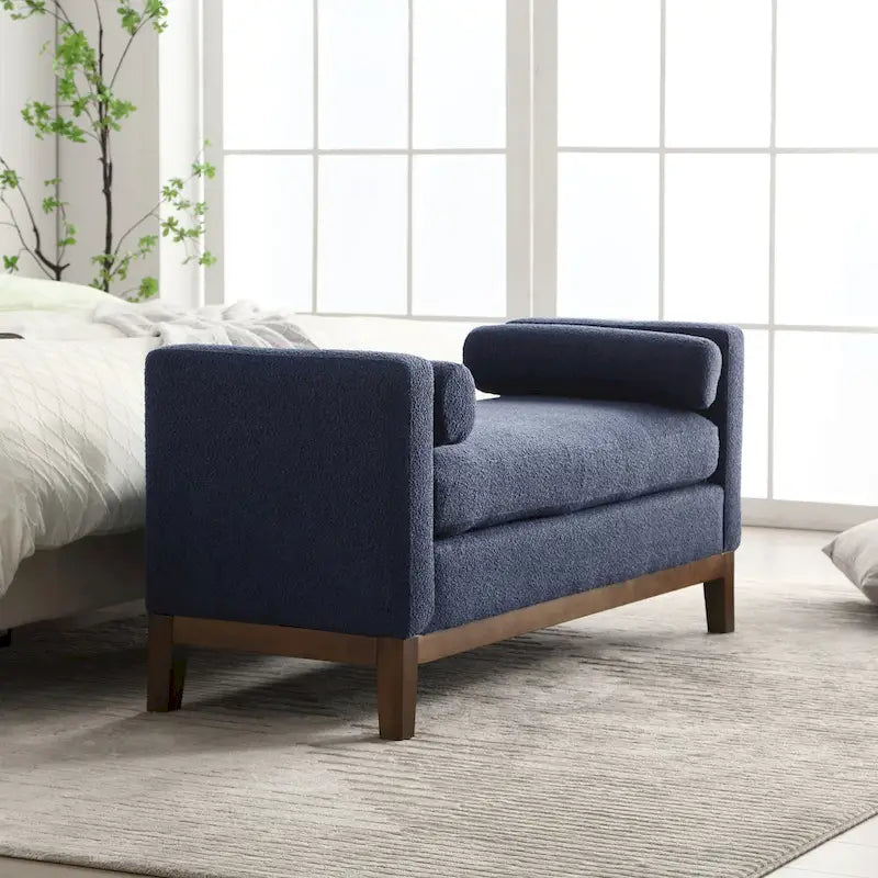 Banc de chambre moderne rembourré en bouclette avec pieds en bois, Banc d'entrée