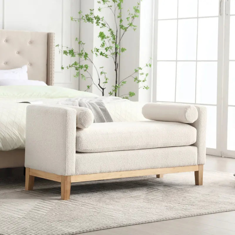 Banc de chambre moderne rembourré en bouclette avec pieds en bois, Banc d'entrée