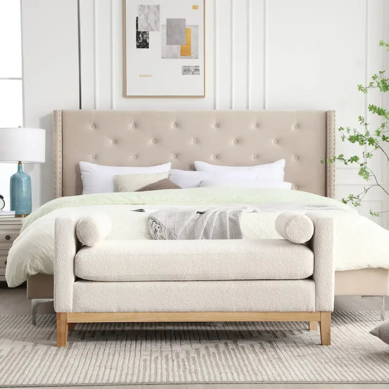 Banc de chambre moderne rembourré en bouclette avec pieds en bois, Banc d'entrée