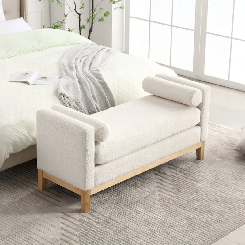 Banc de chambre moderne rembourré en bouclette avec pieds en bois, Banc d'entrée