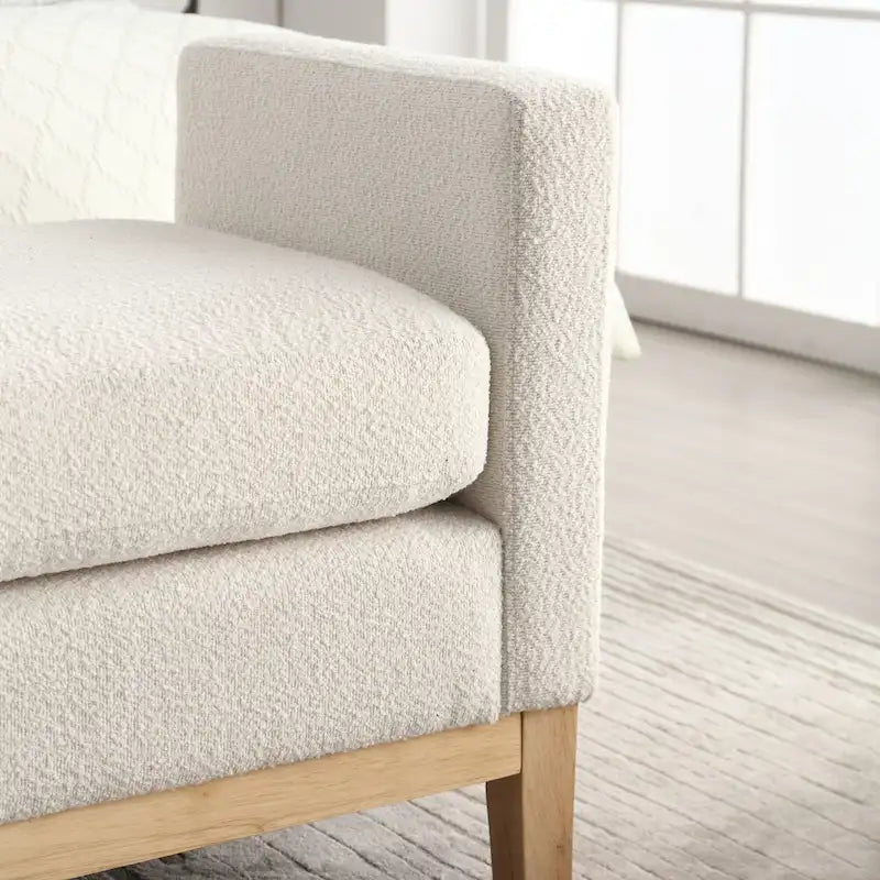 Banc de chambre moderne rembourré en bouclette avec pieds en bois, Banc d'entrée