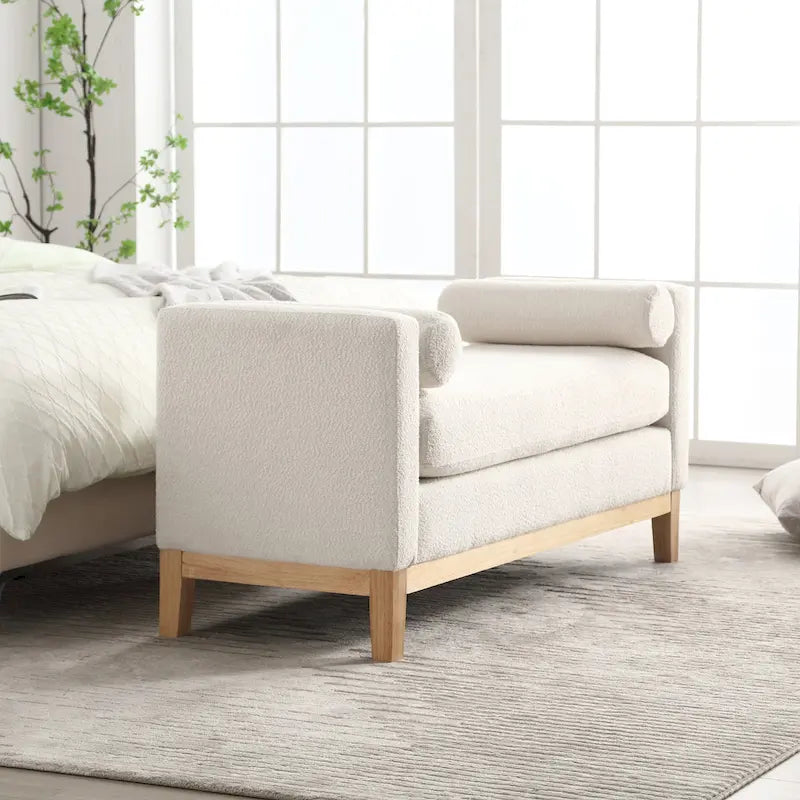 Banc de chambre moderne rembourré en bouclette avec pieds en bois, Banc d'entrée