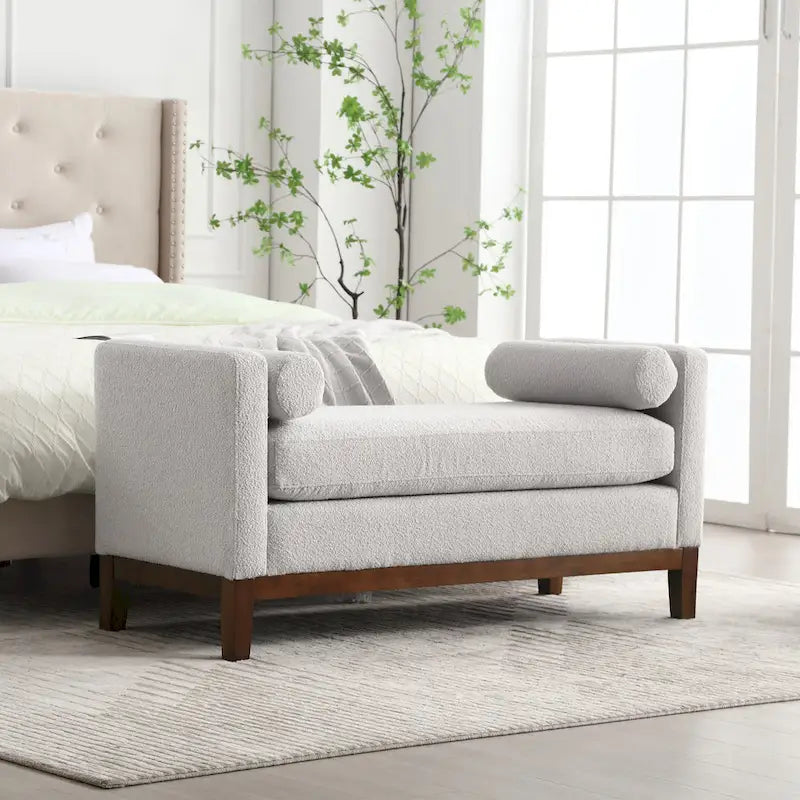 Banc de chambre moderne rembourré en bouclette avec pieds en bois, Banc d'entrée