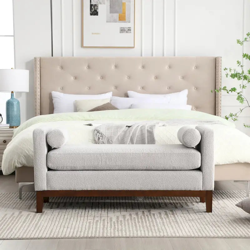 Banc de chambre moderne rembourré en bouclette avec pieds en bois, Banc d'entrée