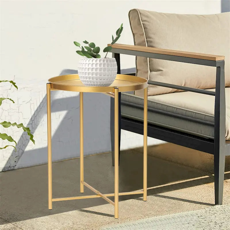 Table d'appoint dorée Adeco - Table de chevet étanche en métal pour collation - Table basse d'appoint - 16,9(P)x 16,9(L)x 20,5(H)