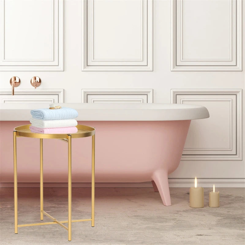 Table d'appoint dorée Adeco - Table de chevet étanche en métal pour collation - Table basse d'appoint - 16,9(P)x 16,9(L)x 20,5(H)
