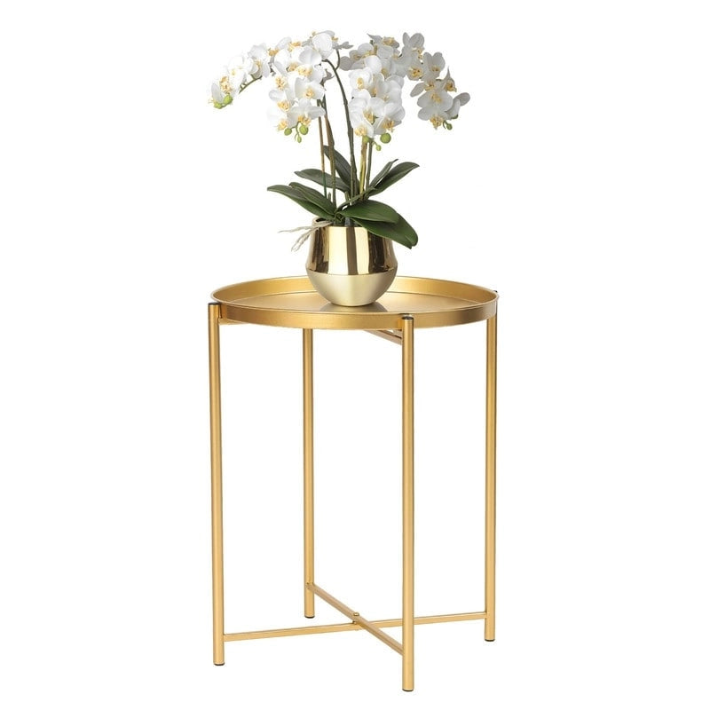 Table d'appoint dorée Adeco - Table de chevet étanche en métal pour collation - Table basse d'appoint - 16,9(P)x 16,9(L)x 20,5(H)