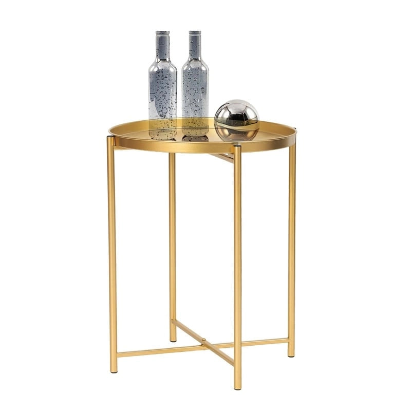 Table d'appoint dorée Adeco - Table de chevet étanche en métal pour collation - Table basse d'appoint - 16,9(P)x 16,9(L)x 20,5(H)