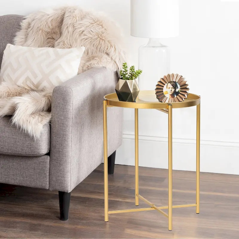 Table d'appoint dorée Adeco - Table de chevet étanche en métal pour collation - Table basse d'appoint - 16,9(P)x 16,9(L)x 20,5(H)