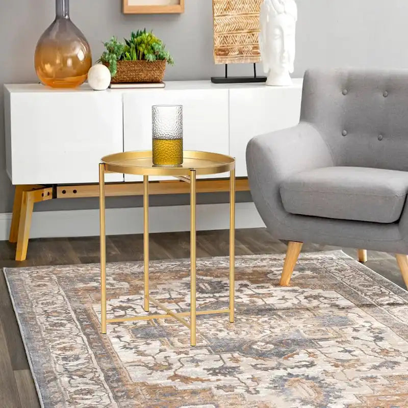 Table d'appoint dorée Adeco - Table de chevet étanche en métal pour collation - Table basse d'appoint - 16,9(P)x 16,9(L)x 20,5(H)