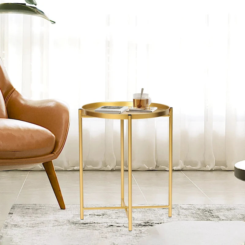 Table d'appoint dorée Adeco - Table de chevet étanche en métal pour collation - Table basse d'appoint - 16,9(P)x 16,9(L)x 20,5(H)