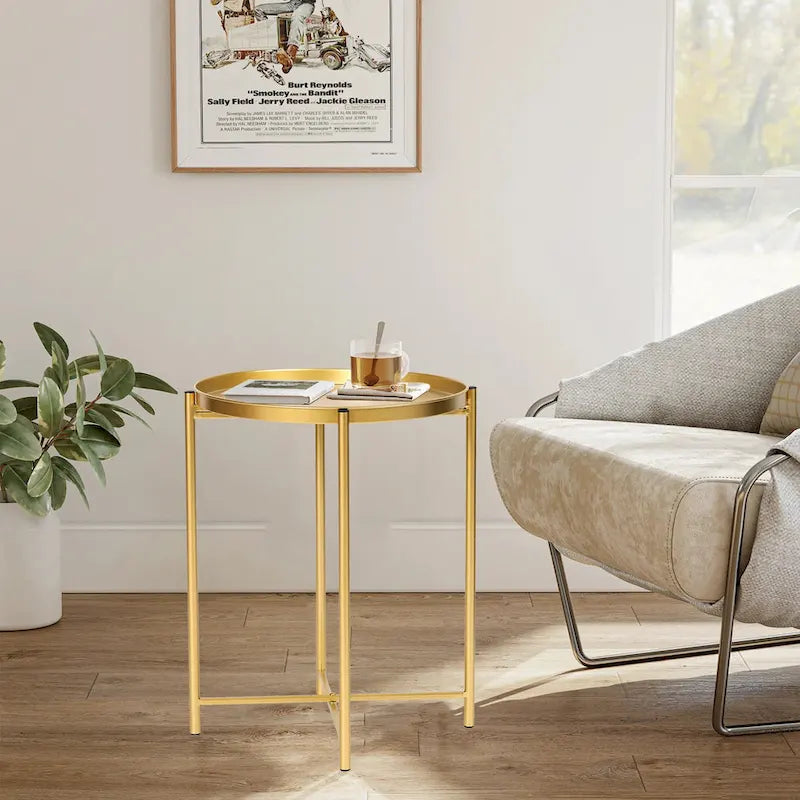 Table d'appoint dorée Adeco - Table de chevet étanche en métal pour collation - Table basse d'appoint - 16,9(P)x 16,9(L)x 20,5(H)