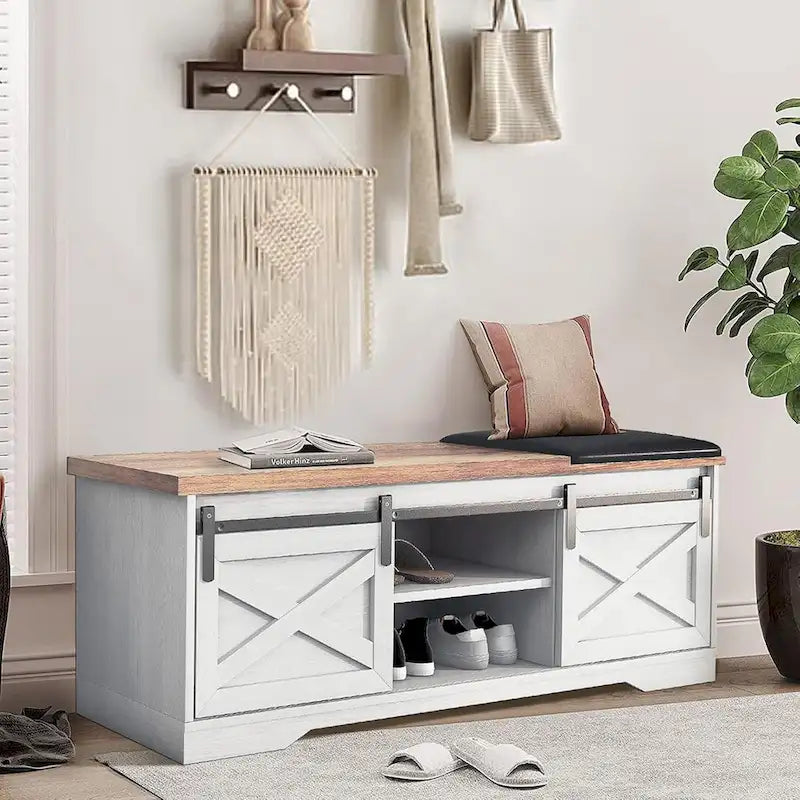 Banc à chaussures de 47 pouces avec meuble de rangement à porte coulissante et étagères réglables - 47.24Lxl5.35Px18.7H