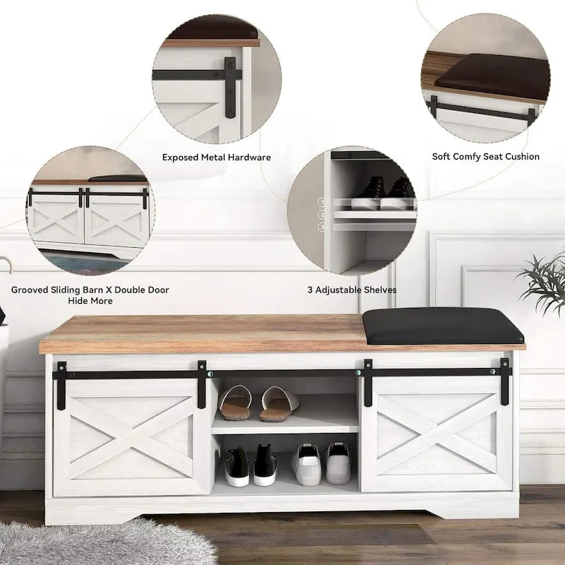 Banc à chaussures de 47 pouces avec meuble de rangement à porte coulissante et étagères réglables - 47.24Lxl5.35Px18.7H