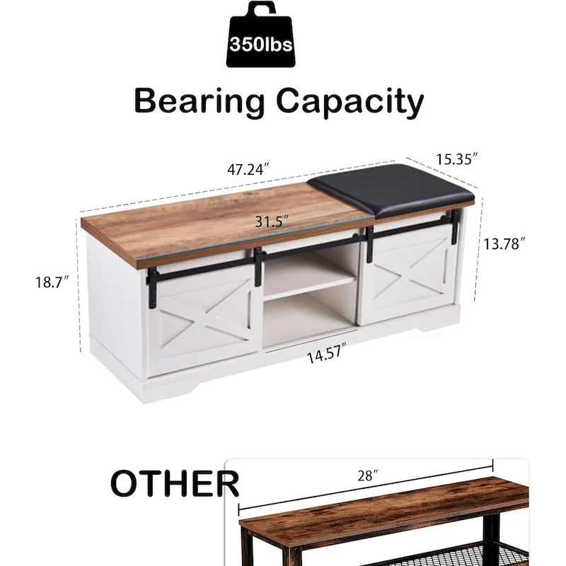 Banc à chaussures de 47 pouces avec meuble de rangement à porte coulissante et étagères réglables - 47.24Lxl5.35Px18.7H