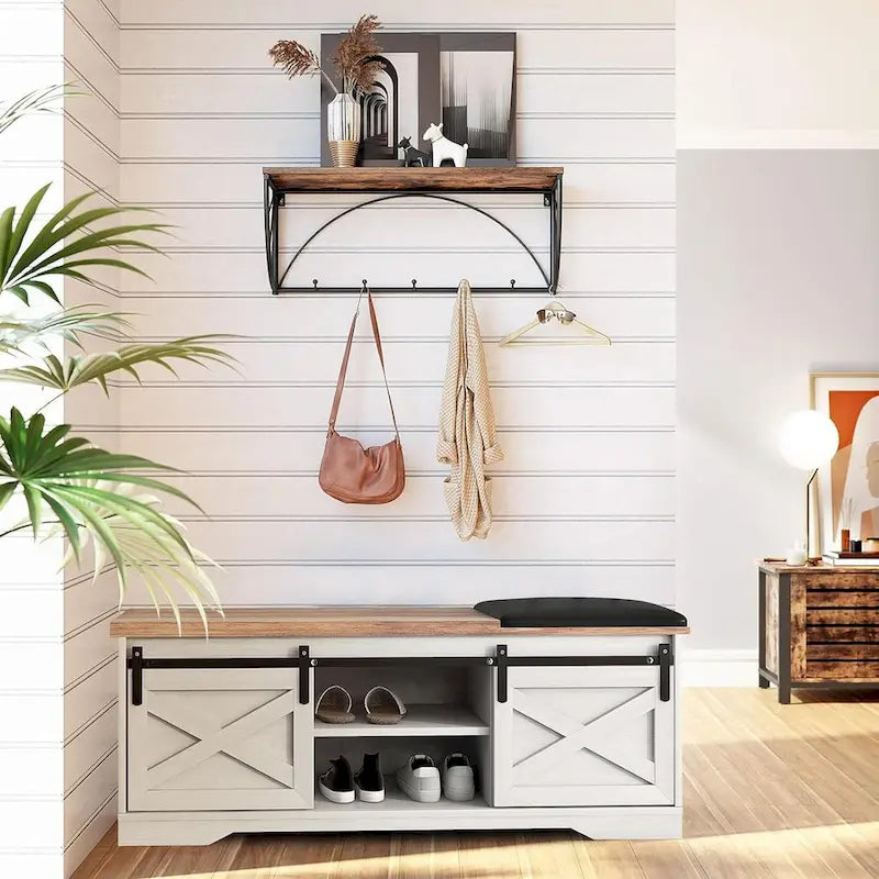 Banc à chaussures de 47 pouces avec meuble de rangement à porte coulissante et étagères réglables - 47.24Lxl5.35Px18.7H