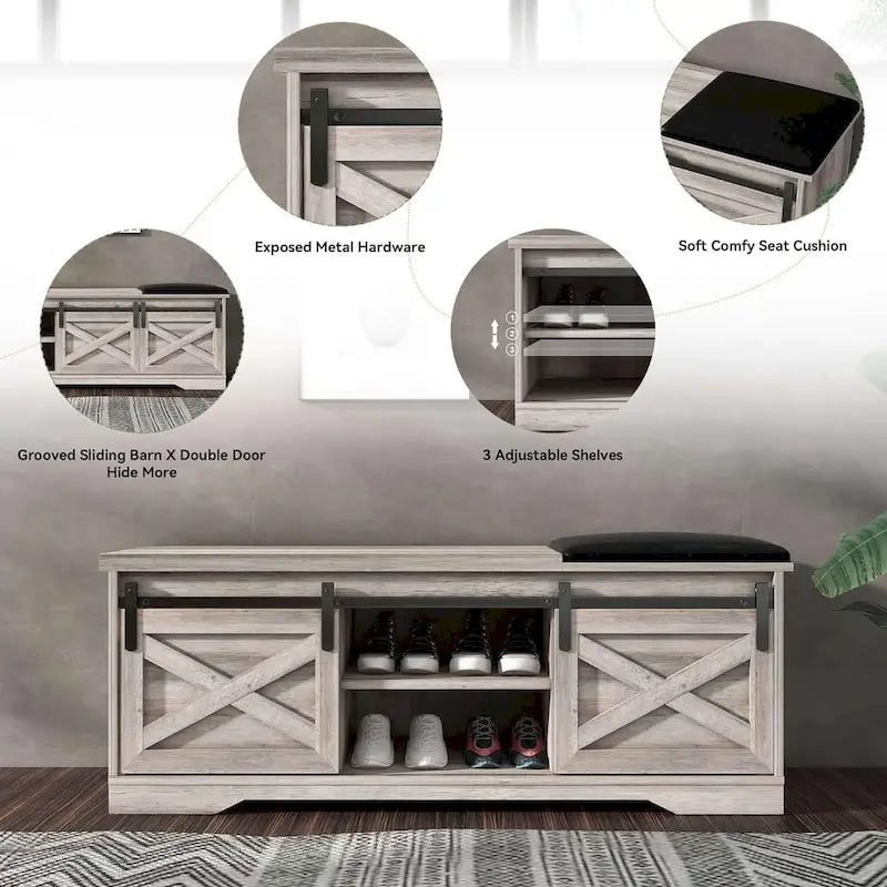 Banc à chaussures de 47 pouces avec meuble de rangement à porte coulissante et étagères réglables - 47.24Lxl5.35Px18.7H