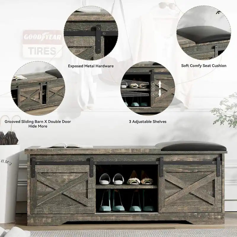 Banc à chaussures de 47 pouces avec meuble de rangement à porte coulissante et étagères réglables - 47.24Lxl5.35Px18.7H