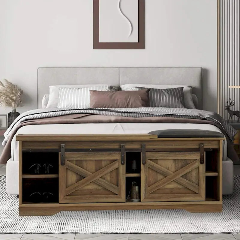 Banc à chaussures de 47 pouces avec meuble de rangement à porte coulissante et étagères réglables - 47.24Lxl5.35Px18.7H
