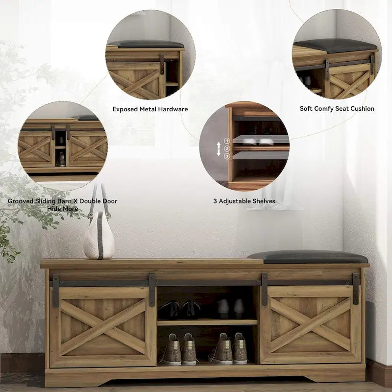 Banc à chaussures de 47 pouces avec meuble de rangement à porte coulissante et étagères réglables - 47.24Lxl5.35Px18.7H