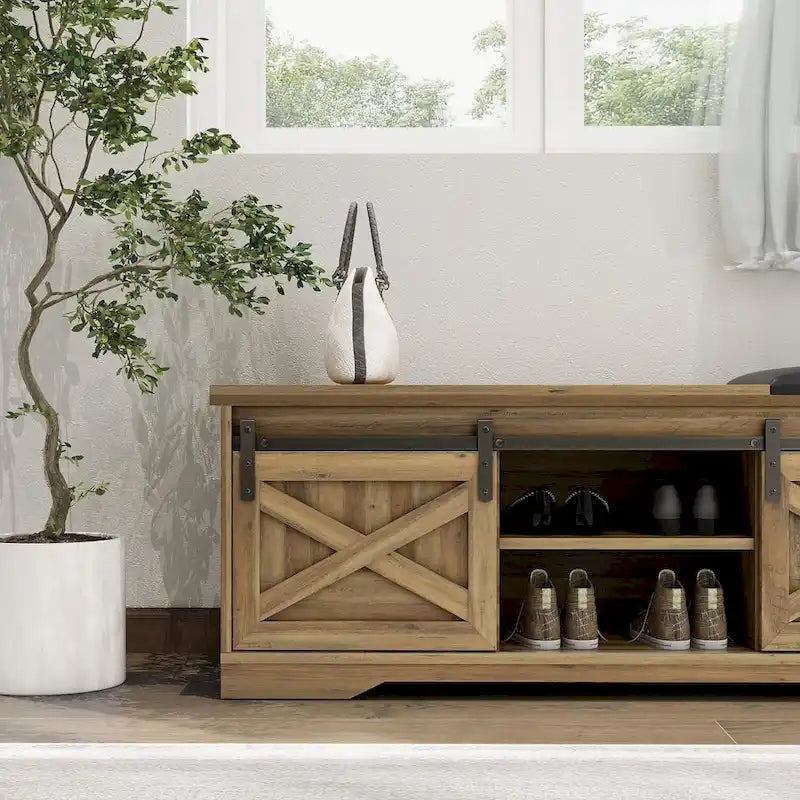 Banc à chaussures de 47 pouces avec meuble de rangement à porte coulissante et étagères réglables - 47.24Lxl5.35Px18.7H