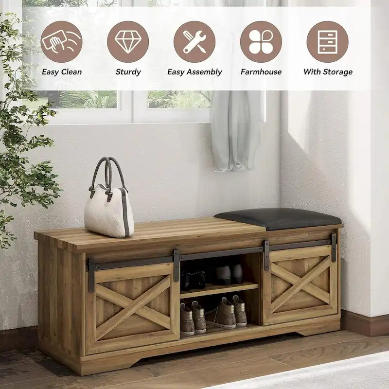 Banc à chaussures de 47 pouces avec meuble de rangement à porte coulissante et étagères réglables - 47.24Lxl5.35Px18.7H