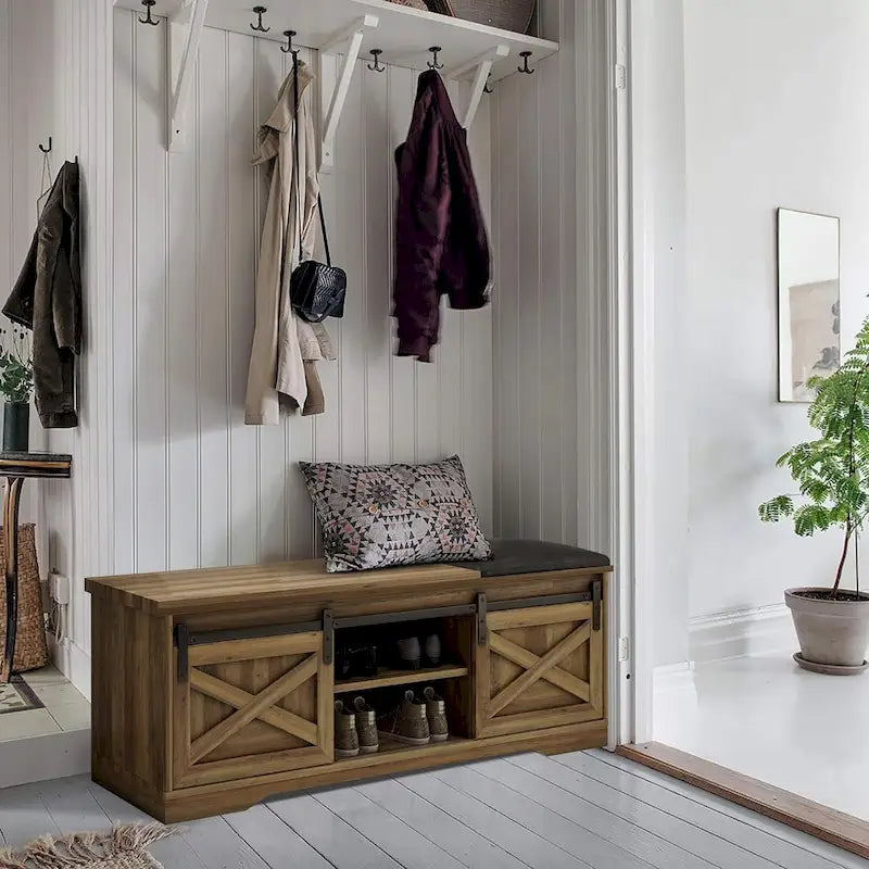 Banc à chaussures de 47 pouces avec meuble de rangement à porte coulissante et étagères réglables - 47.24Lxl5.35Px18.7H