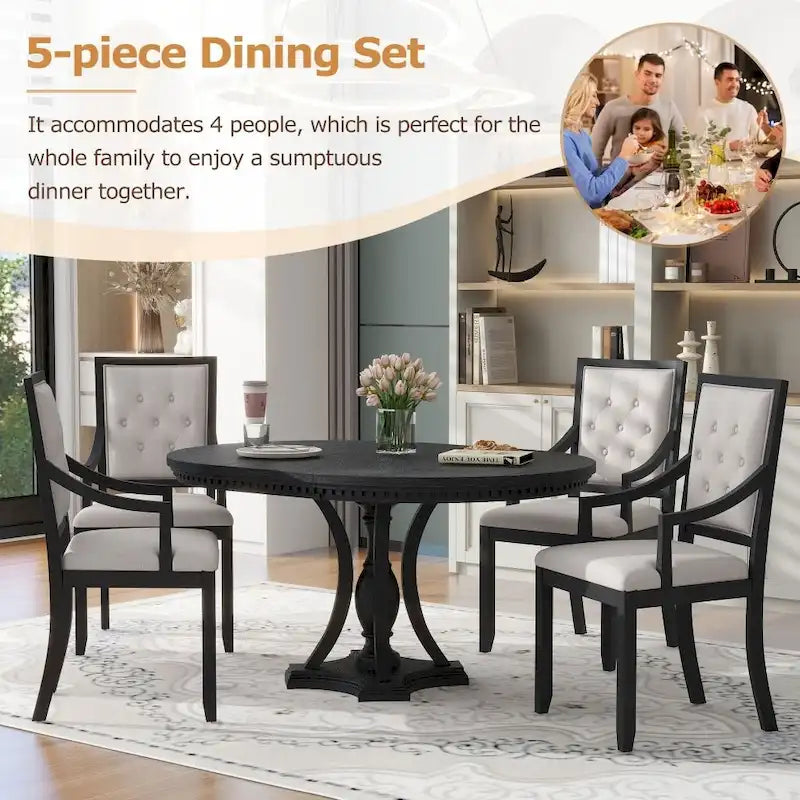 Ensemble de salle à manger 5 pièces avec table ronde extensible et 4 chaises pour cuisine ou salle à manger