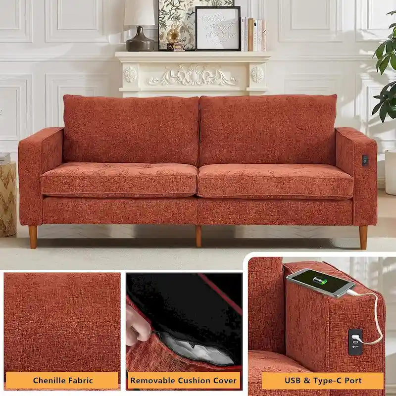 82,68 Canapé de salon, Causeuse avec port USB/Type-C, Causeuse confortable en chenille avec housse amovible