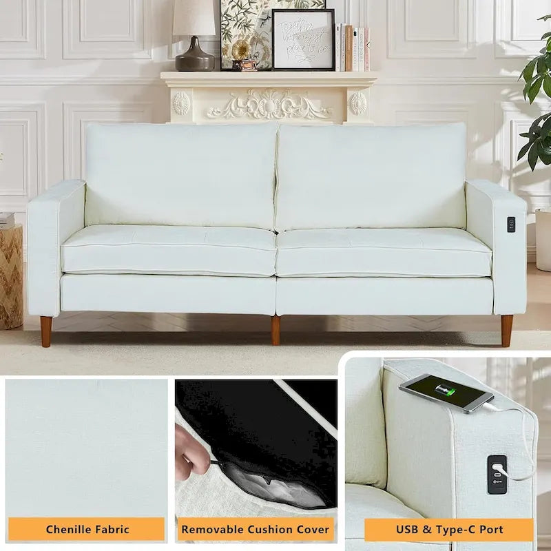 82,68 Canapé de salon, Causeuse avec port USB/Type-C, Causeuse confortable en chenille avec housse amovible