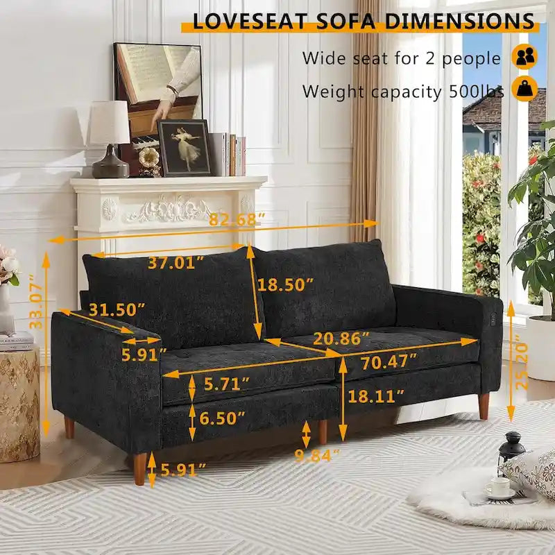 82,68 Canapé de salon, Causeuse avec port USB/Type-C, Causeuse confortable en chenille avec housse amovible