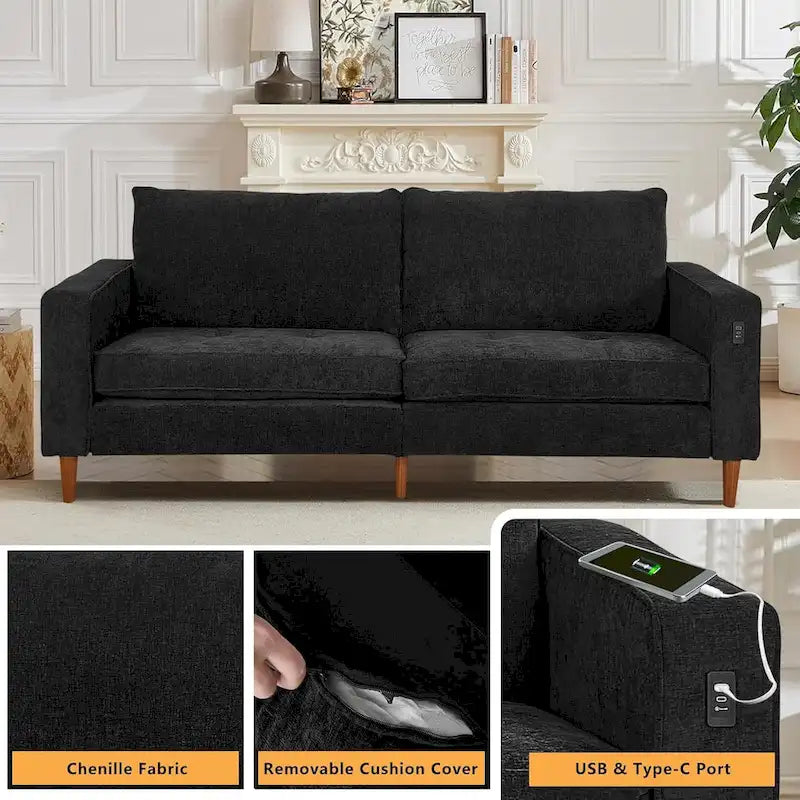 82,68 Canapé de salon, Causeuse avec port USB/Type-C, Causeuse confortable en chenille avec housse amovible