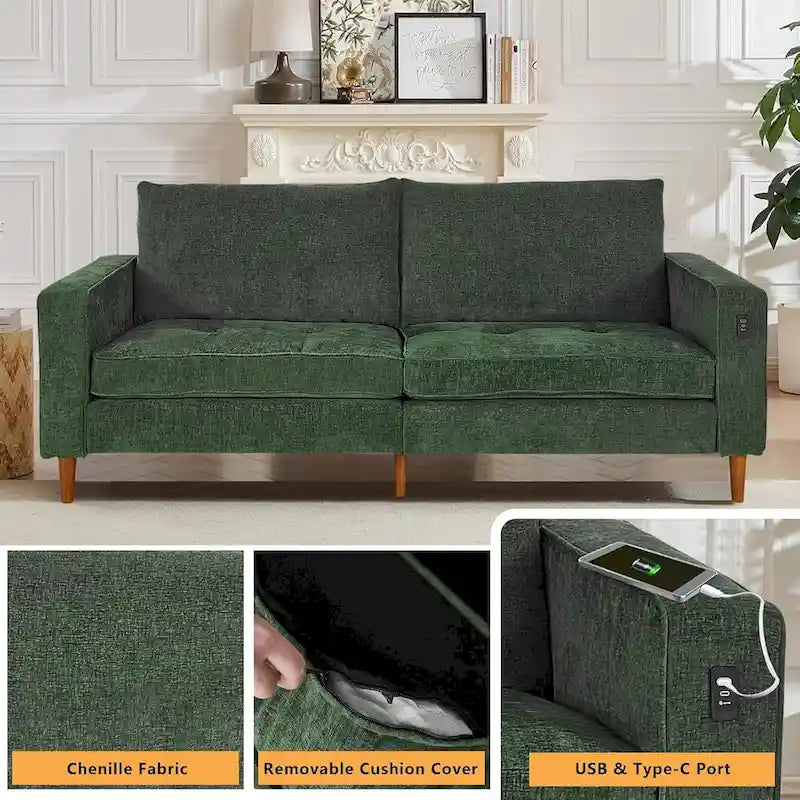 82,68 Canapé de salon, Causeuse avec port USB/Type-C, Causeuse confortable en chenille avec housse amovible