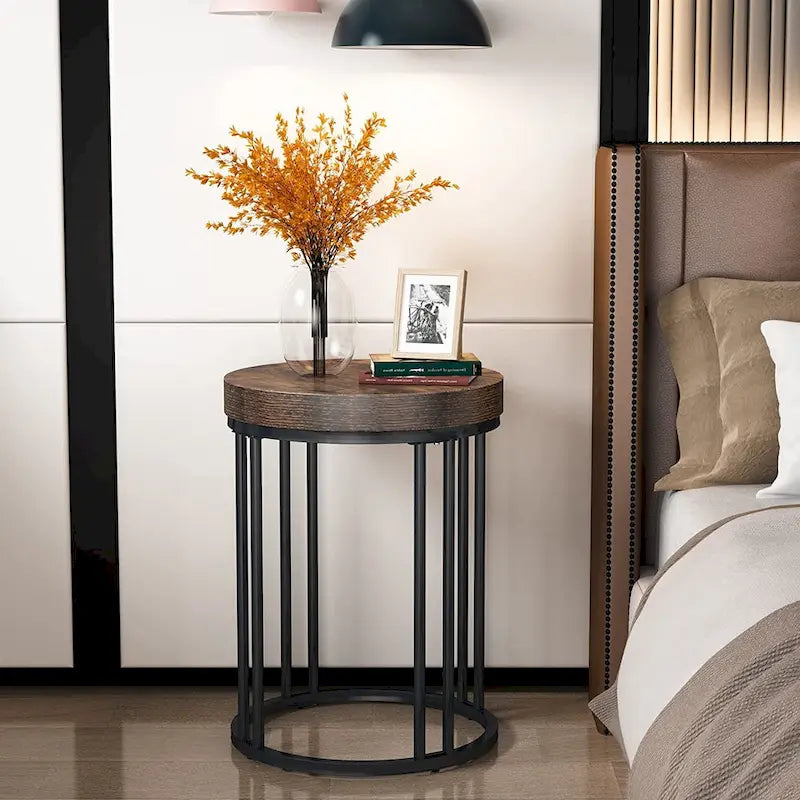 Brown/ Black Wood 2-Tier Round Sofa Side Table for Living Room