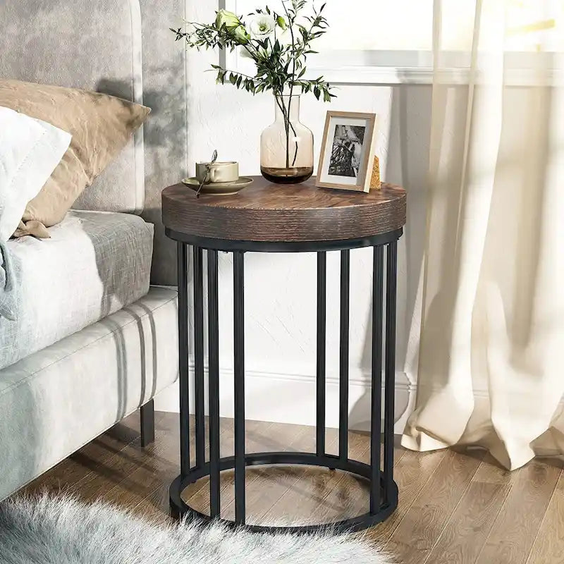 Table d'appoint de canapé ronde à 2 niveaux en bois marron/noir pour salon