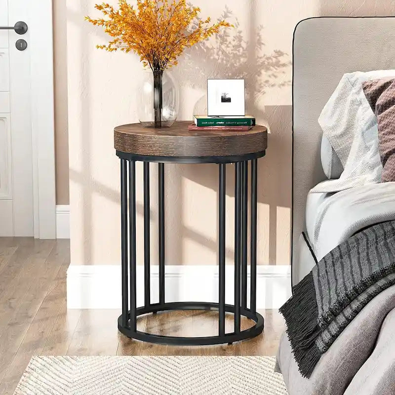 Table d'appoint de canapé ronde à 2 niveaux en bois marron/noir pour salon