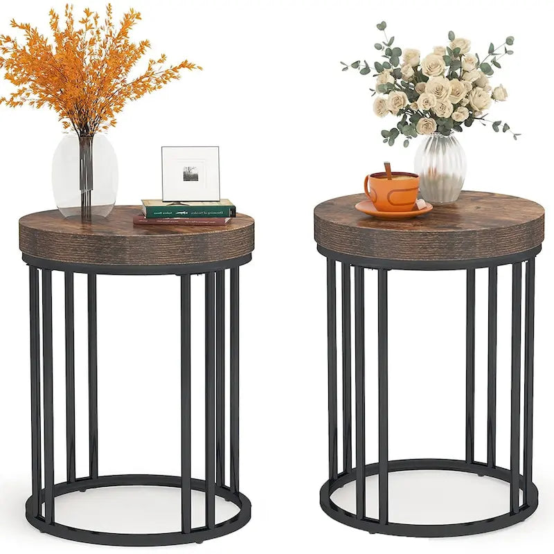 Table d'appoint de canapé ronde à 2 niveaux en bois marron/noir pour salon