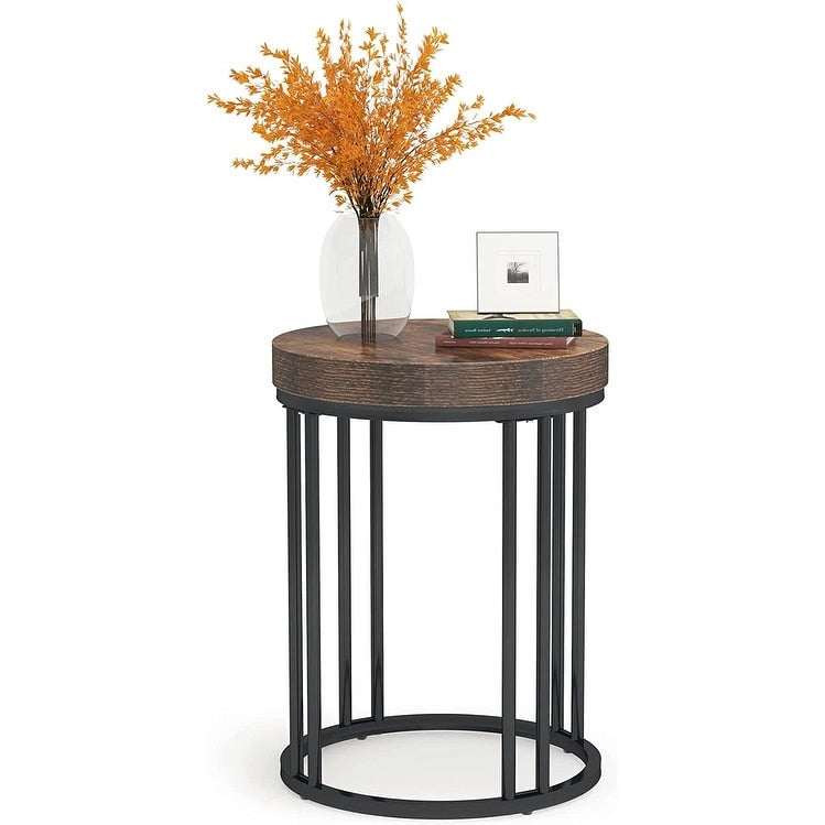 Table d'appoint de canapé ronde à 2 niveaux en bois marron/noir pour salon
