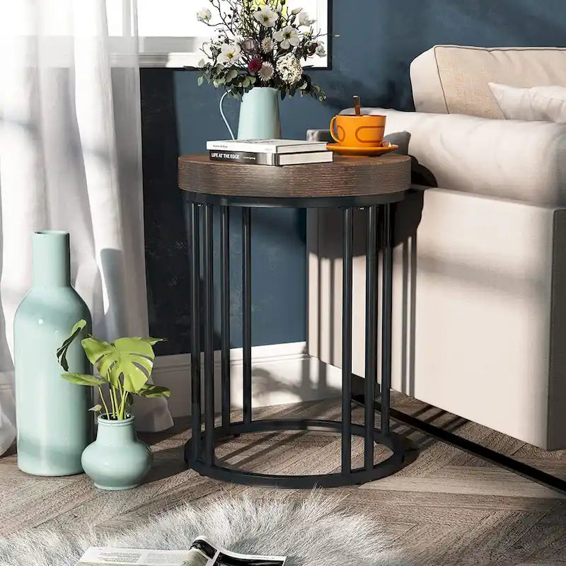 Table d'appoint de canapé ronde à 2 niveaux en bois marron/noir pour salon