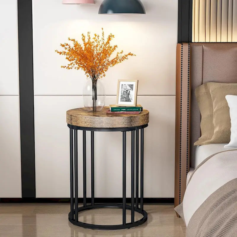 Table d'appoint de canapé ronde à 2 niveaux en bois marron/noir pour salon