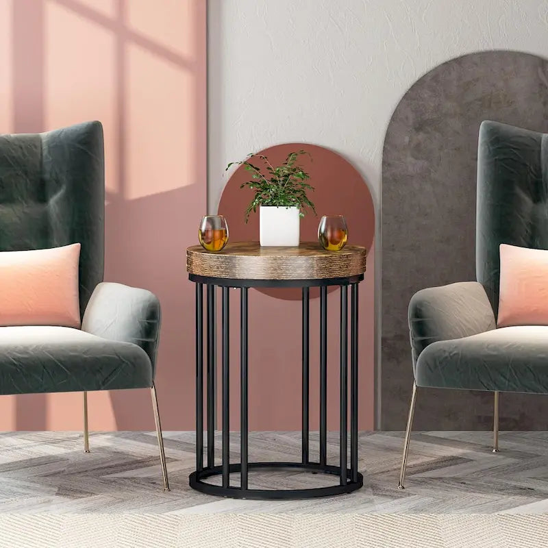 Table d'appoint de canapé ronde à 2 niveaux en bois marron/noir pour salon