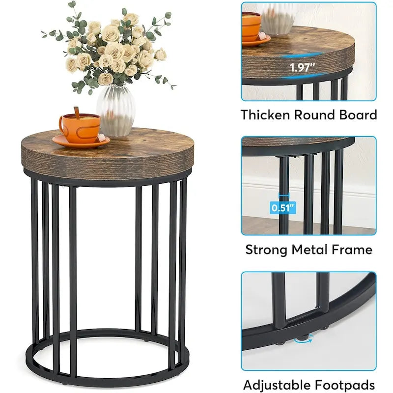 Table d'appoint de canapé ronde à 2 niveaux en bois marron/noir pour salon