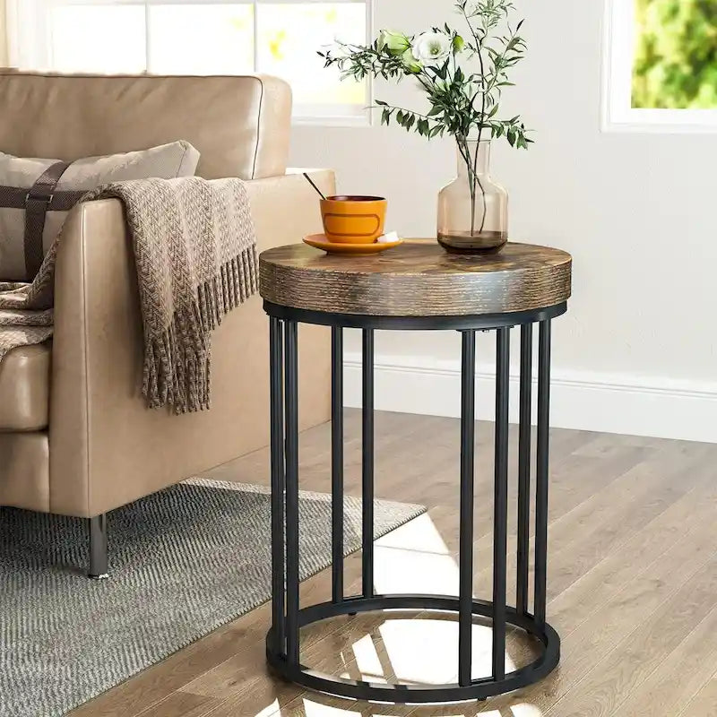 Table d'appoint de canapé ronde à 2 niveaux en bois marron/noir pour salon