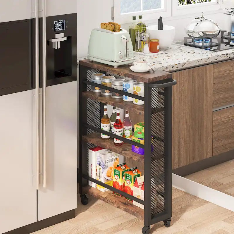 Kitchen Cart,Slim Storage Rolling Cart,4 Tier Narrow Serving Trolley with Wheels