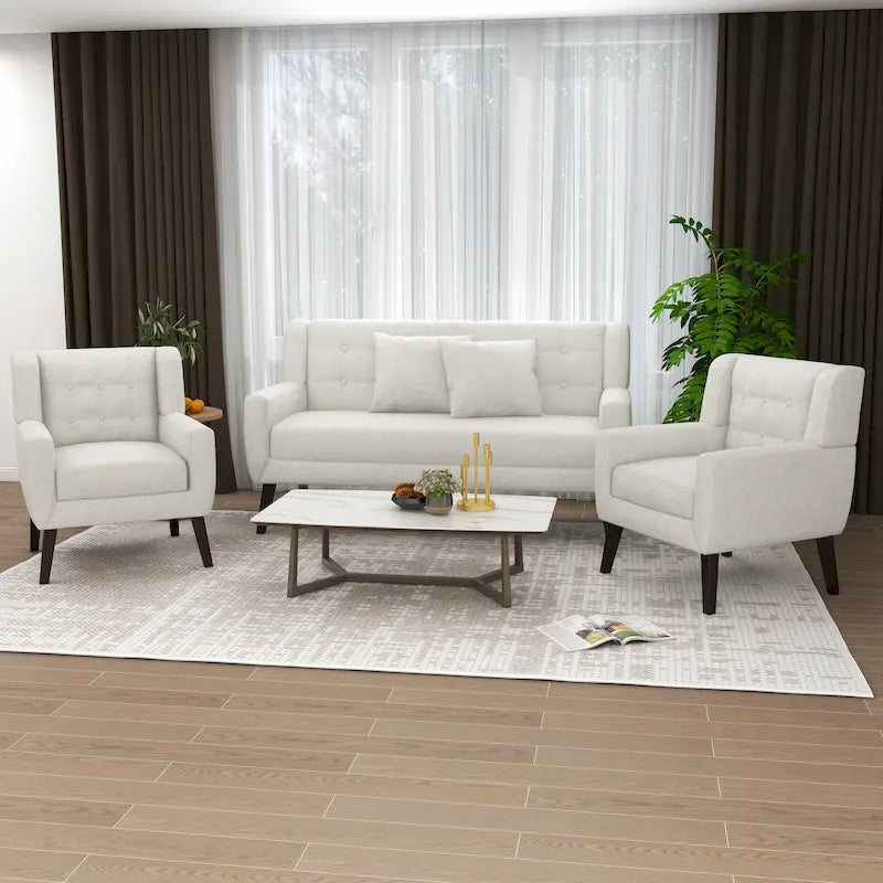Ensemble de fauteuil et causeuse en lin capitonnés 3 pièces