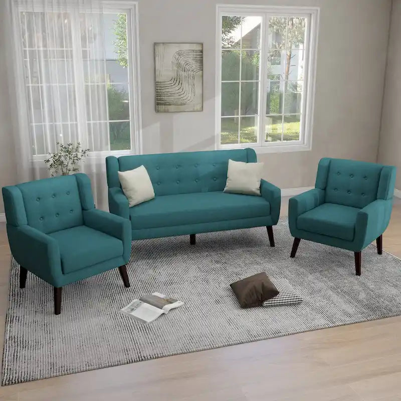 Ensemble de fauteuil et causeuse en lin capitonnés 3 pièces